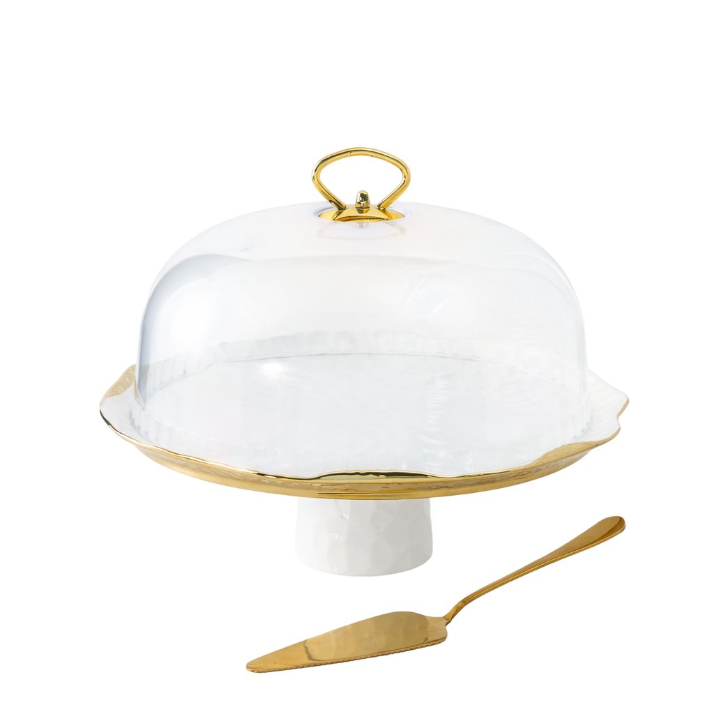 Porcelain cake dome with server - White and gold