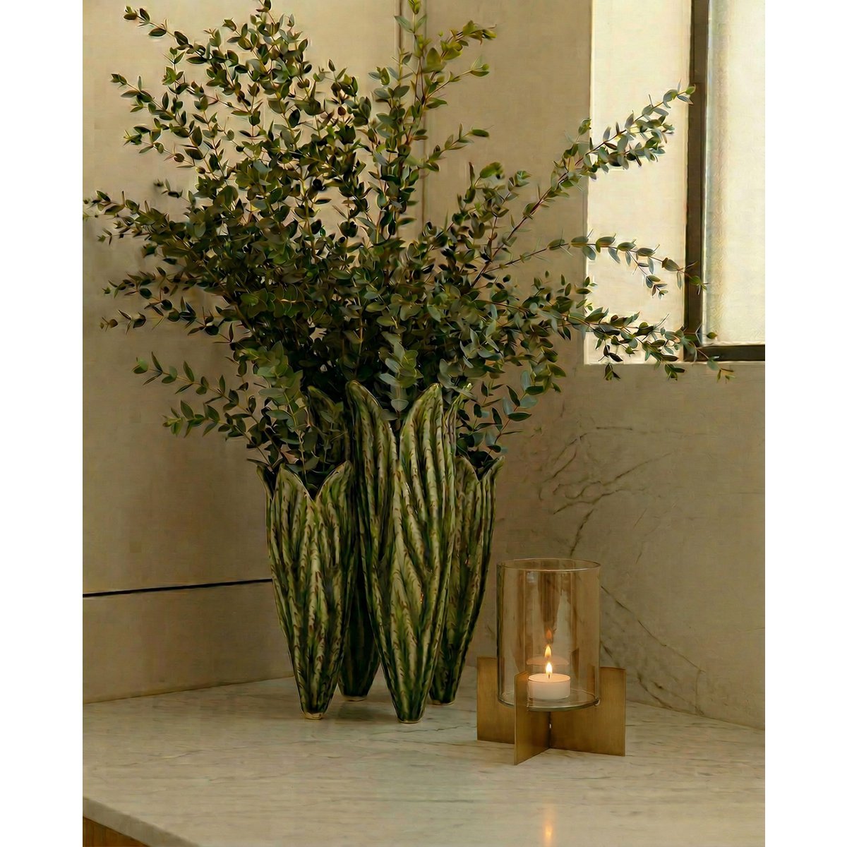 Glass and brass hurricane, gold - tall - 26 cm