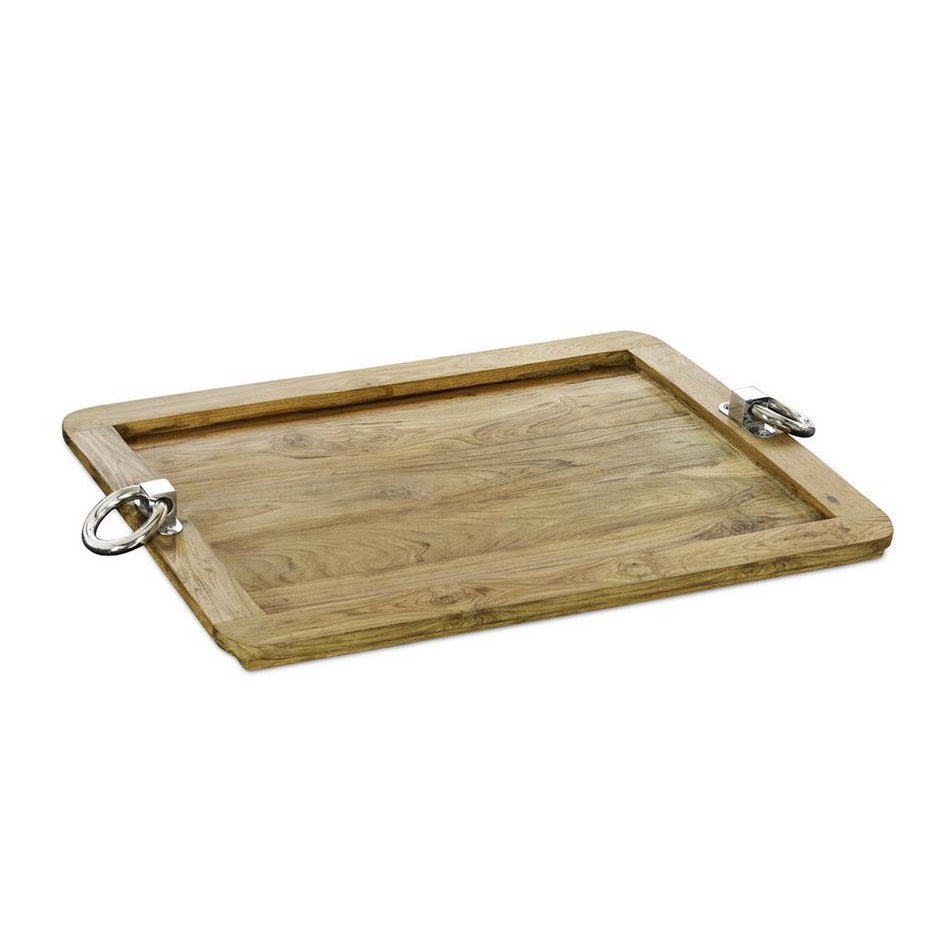 Serviertablett aus Teakholz mit Stahlgriffen, 61 × 44 cm