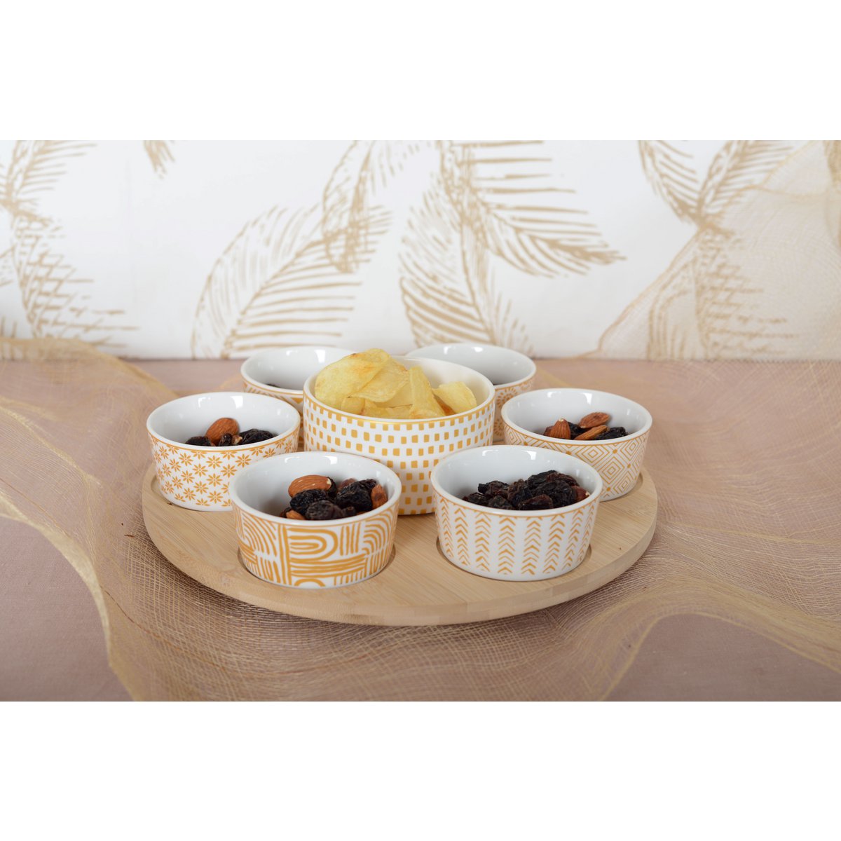 Aperitif-Set, 7 Gläser auf rundem Holztablett – 30 cm