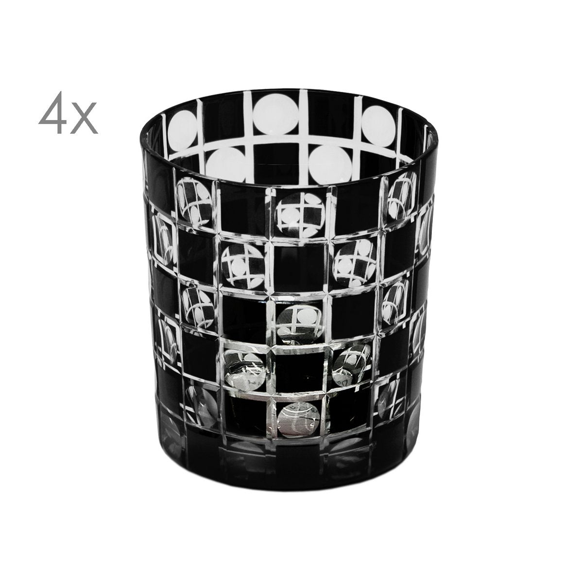 Håndskårne krystalglas Diego, sort, sæt med 4 - 9 cm