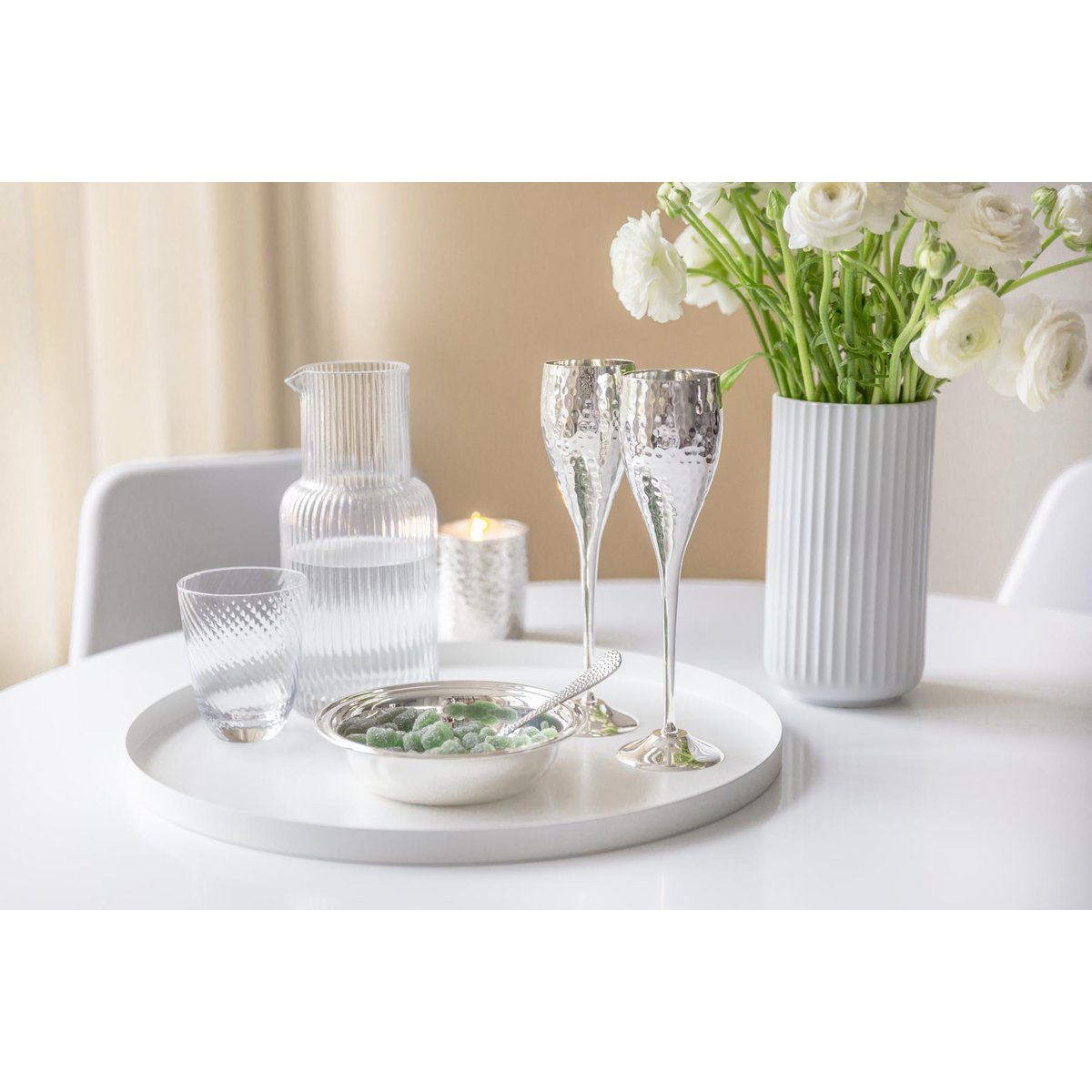 Silver-plated champagne flutes Dodo, set of 2, hammered, H 23 cm