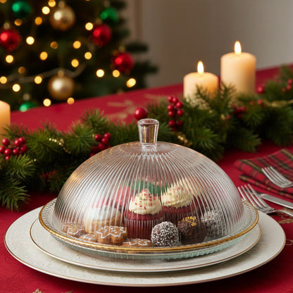 Glass cake dome with gold rim, 32×32×17 cm
