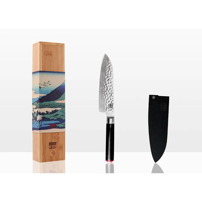 440C stål santoku kniv 180 mm - hamret blad med bambus saya