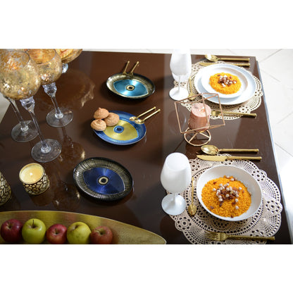 Servierplatte aus Glas, blau-gold, oval – 22×15,5 cm