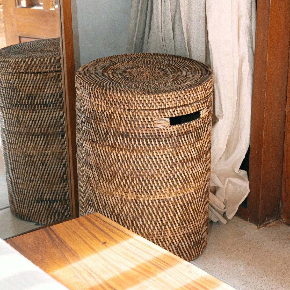 Wäschekorb Rattan mit Deckel Ø 36 cm – rund, braun