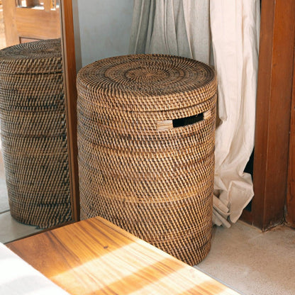 Wäschekorb Rattan mit Deckel Ø 36 cm – rund, braun