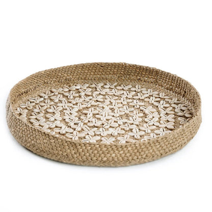 Woven grass wall disc with cowrie shells, natural, 42 cm