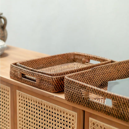 Rattan rectangular tray Amahai M – geometric, brown & red