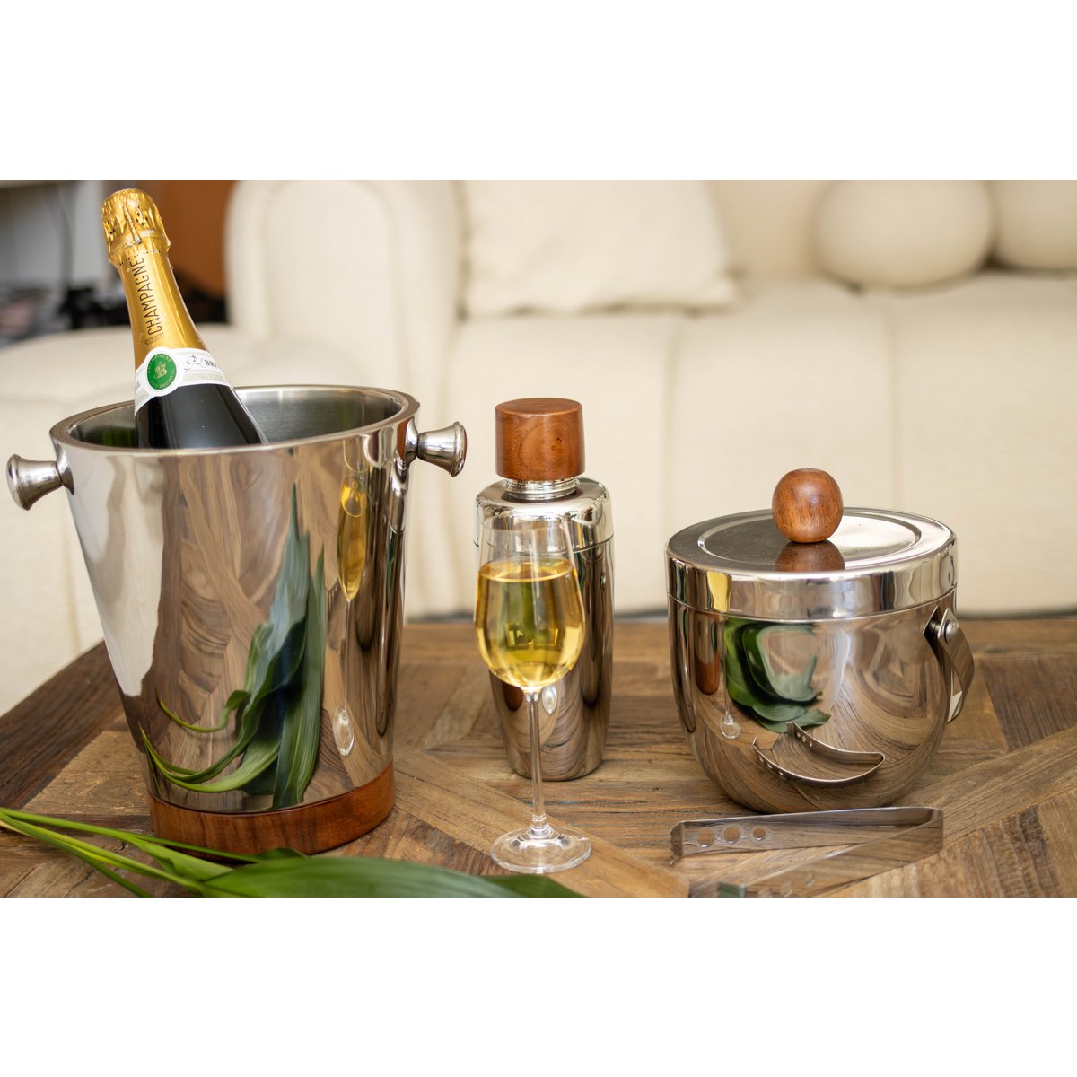 Champagnekøler i rustfrit stål og træ, sølv, 24,5 cm