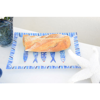 Glasservierplatte, blau – rechteckig, 35 × 25 cm
