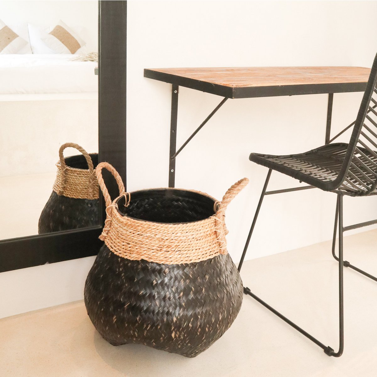 Hand-woven bamboo & jute basket 38 cm - black, S