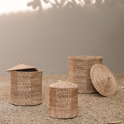 Jute & metal laundry basket with lid, M – 40 × 40 cm