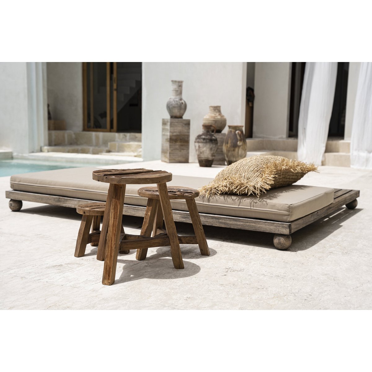 Reclaimed teak stool, tripod - 44cm L