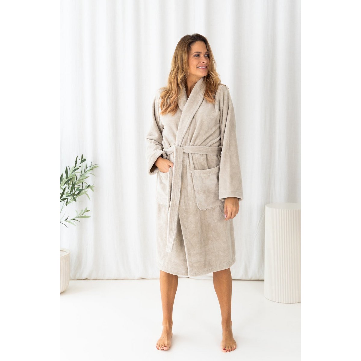 Teddy-Bademantel, beige, XS – Fleece- & Baumwollmischung
