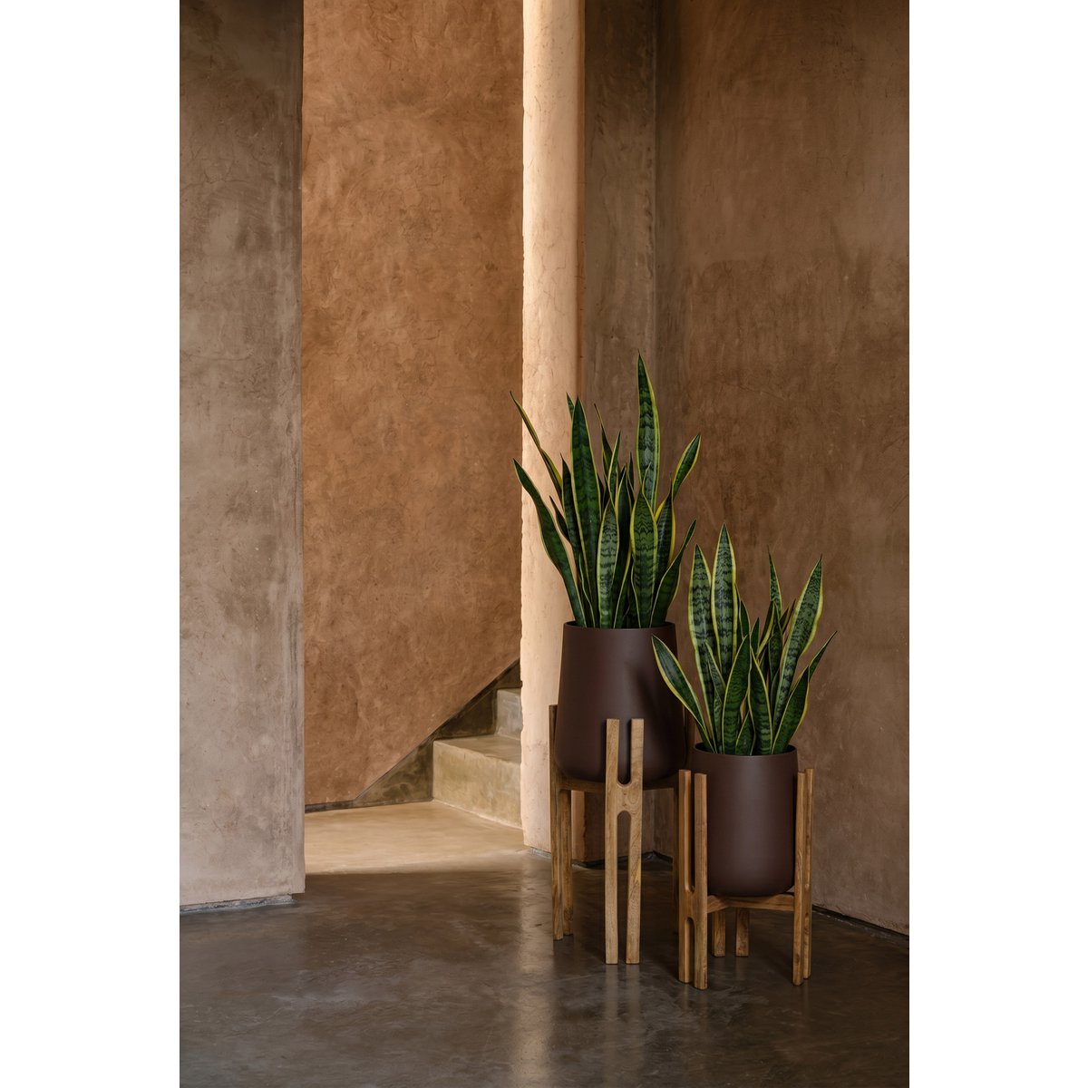 Concrete planter with wood - natural brown - L