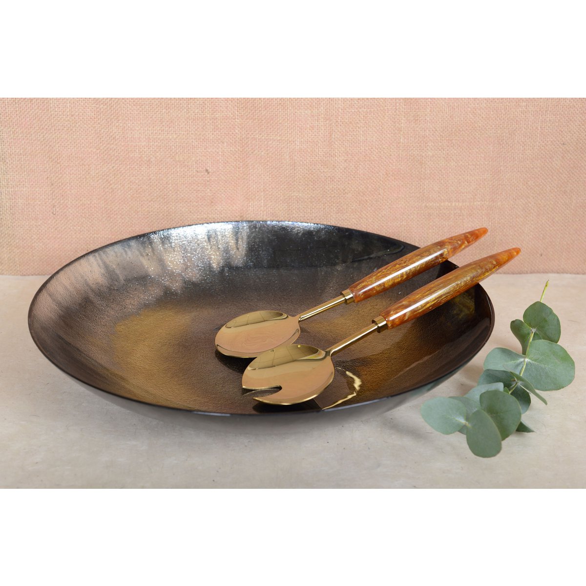 Flache Schale aus Glas und Keramik 40 cm – braun und gelb