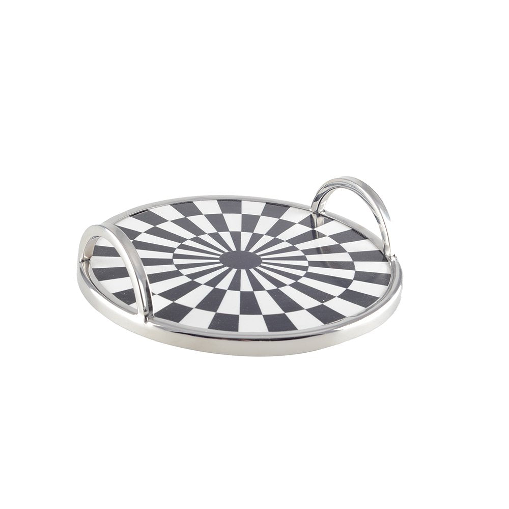 Steel tray, black and white tile pattern, 28×28cm