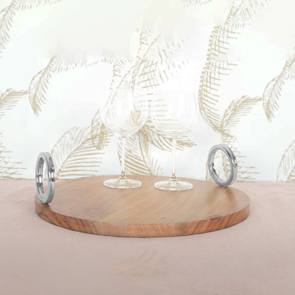 Round wooden tray with silver handle 38 × 38 × 11 cm