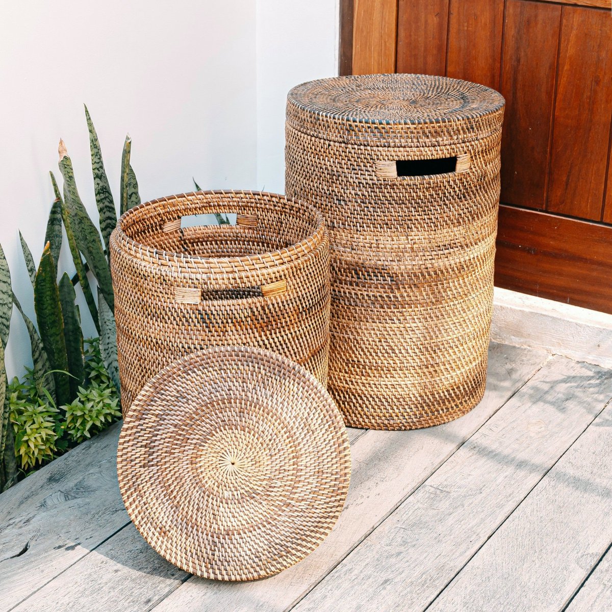Wäschekorb Rattan mit Deckel Ø 36 cm – rund, braun