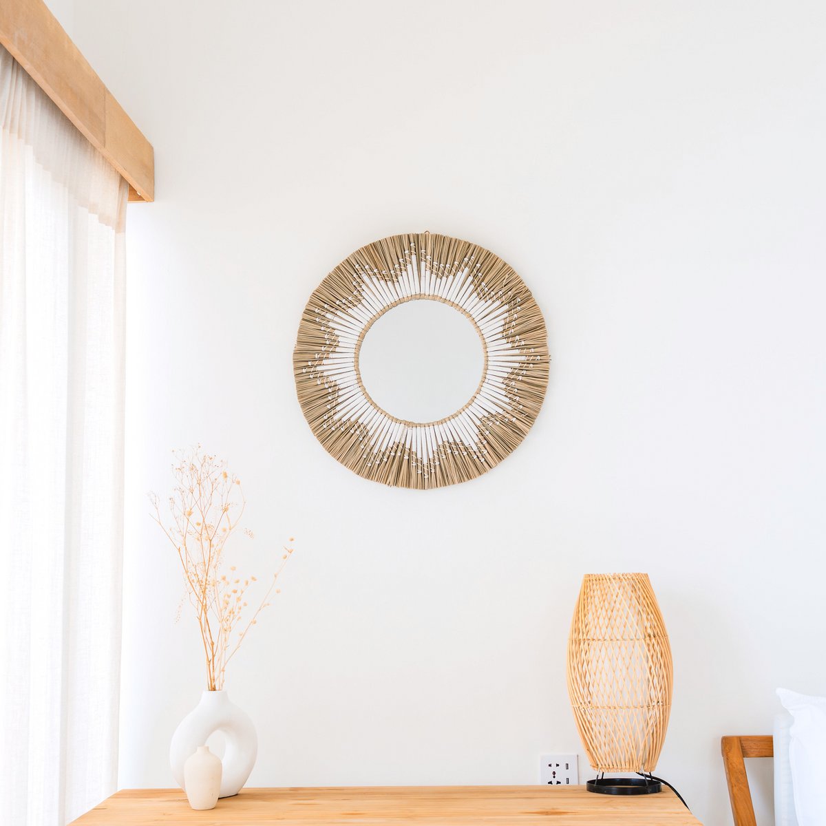 Seagrass round wall mirror 60 cm RANDU – cotton fringe