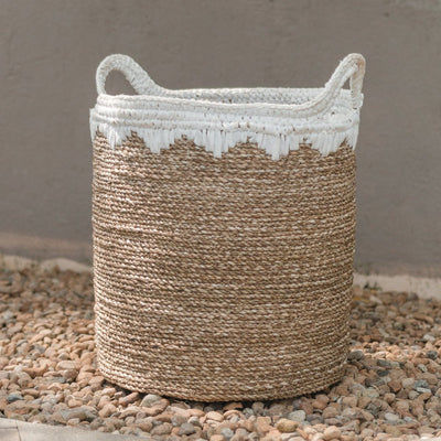 Seagrass basket Nias L – beige and white, woven in Indonesia