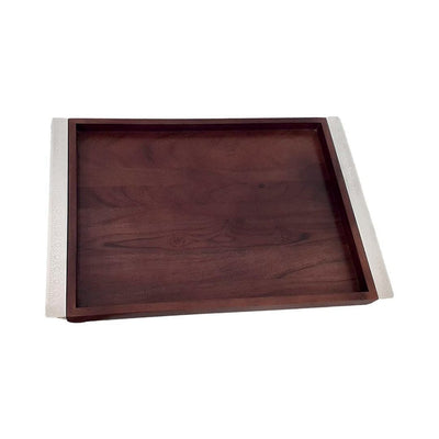 Rechteckiges Holztablett mit silbernen Griffen 44×33×3 cm