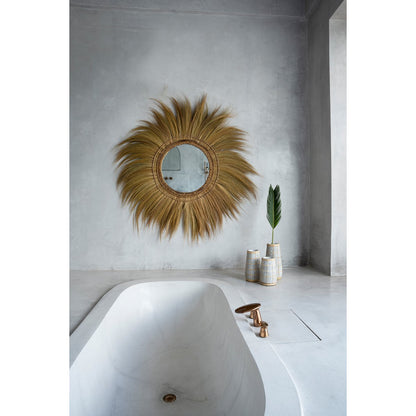 Stort rundt spejl med naturfiberramme, 120 cm - Beige