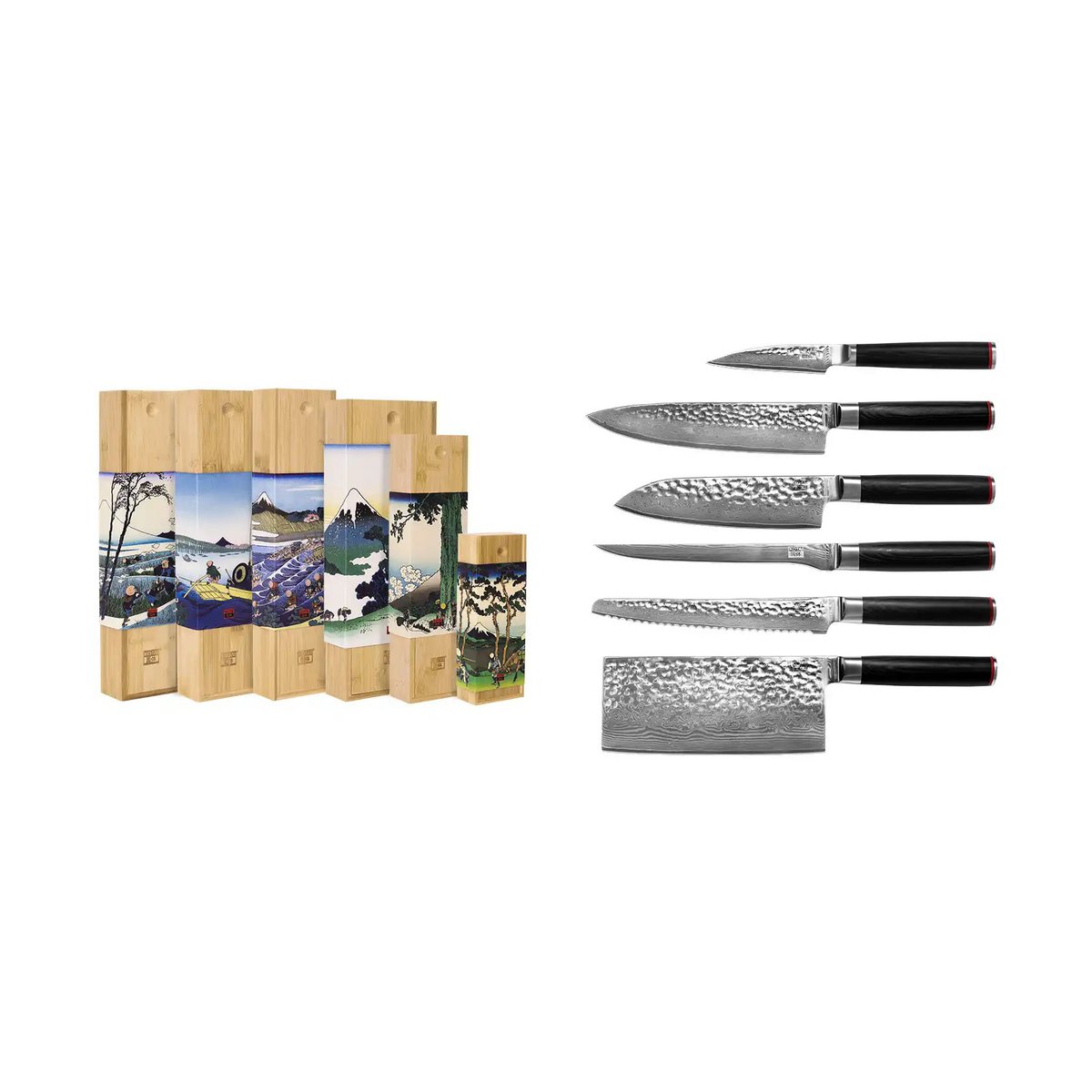 Damastmesser-Set, 6-teilig - gehämmertes Klingenfinish