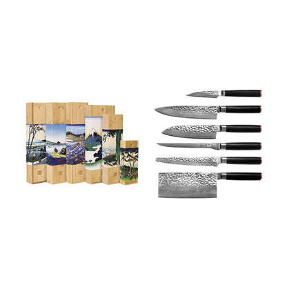 Damastmesser-Set, 6-teilig - gehämmertes Klingenfinish