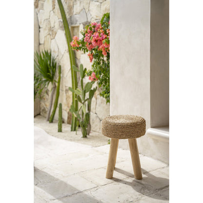 Hocker aus Teakholz und Bast, 35 cm – handgefertigt