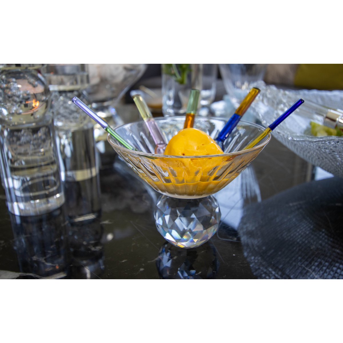 Glassdessertskåle med diamantfod, sæt med 4