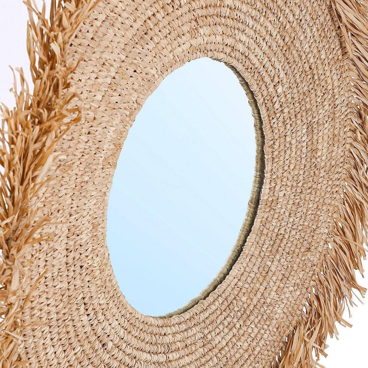 Håndvævet raffia spejl, rundt - L