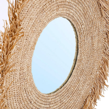 Håndvævet raffia spejl, rundt - L