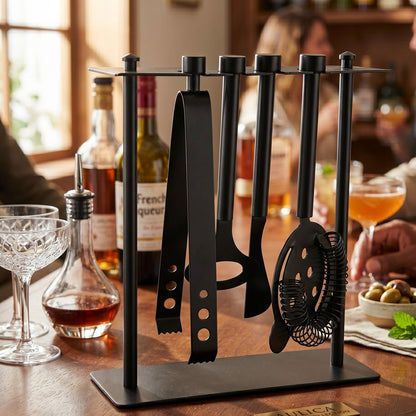 Cocktailsæt i rustfrit stål, 5 dele - sort stander