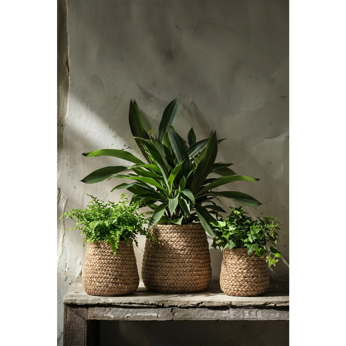 Concrete planter with braided texture, medium - Natural