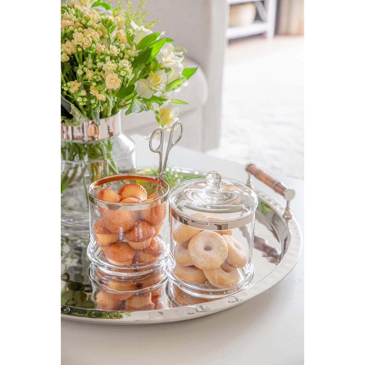 Handgeblasene Glasdose Lia, 29cm mit Deckel – Platinrand
