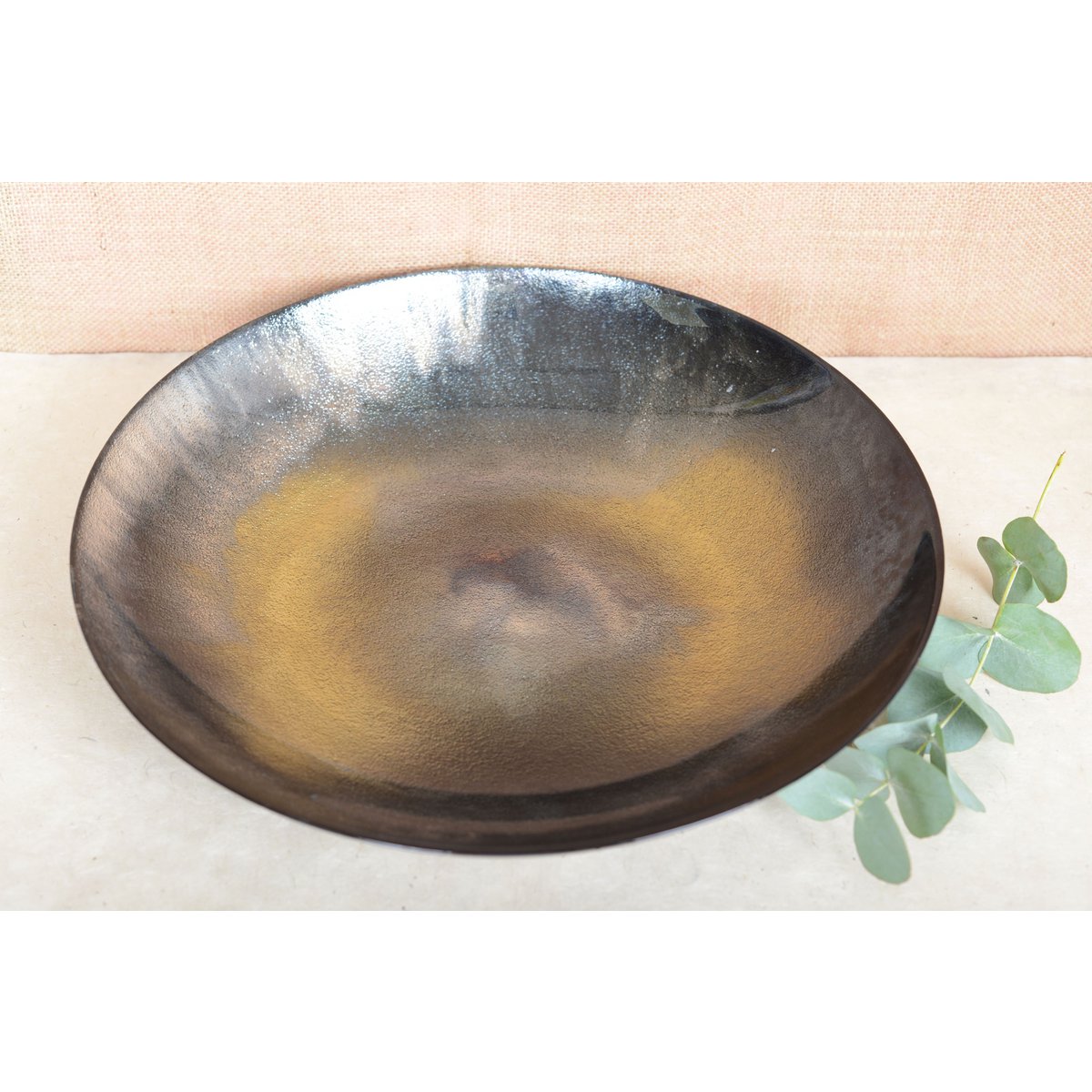 Flache Schale aus Glas und Keramik 40 cm – braun und gelb