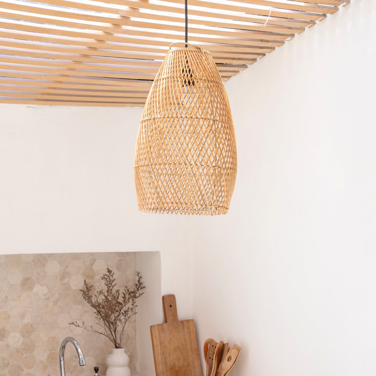 Woven rattan ceiling lampshade - beige, Tabung