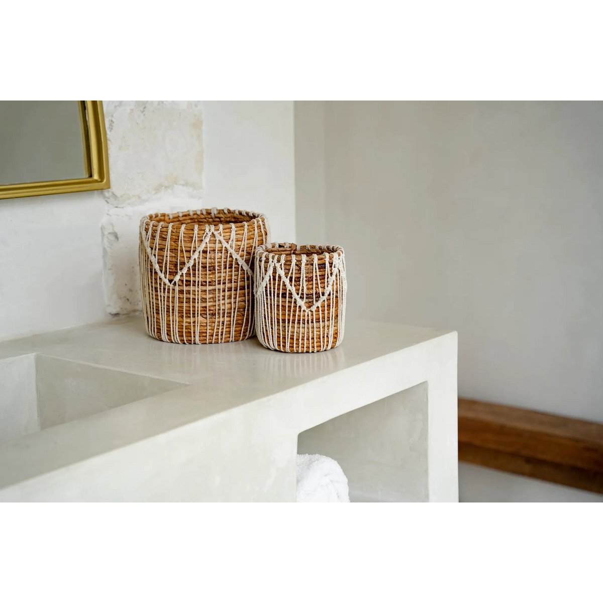 Opbevaringskurv i bomuldsmakramé 20 × 20 cm - naturhvid, cylinder