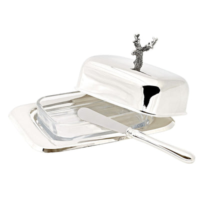 Butterdose aus silbernem Stahl mit Messer, 18 cm - Hirsch