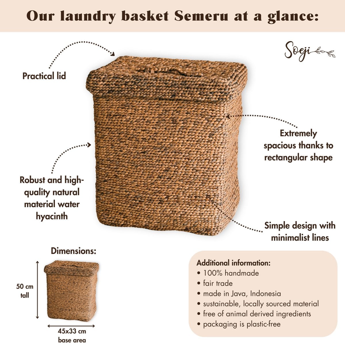Water hyacinth laundry hamper SEMERU – rectangular, beige
