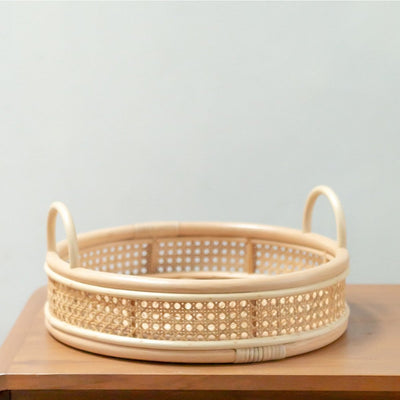 Round rattan tray NEIRA Ø 40 cm - geometric beige