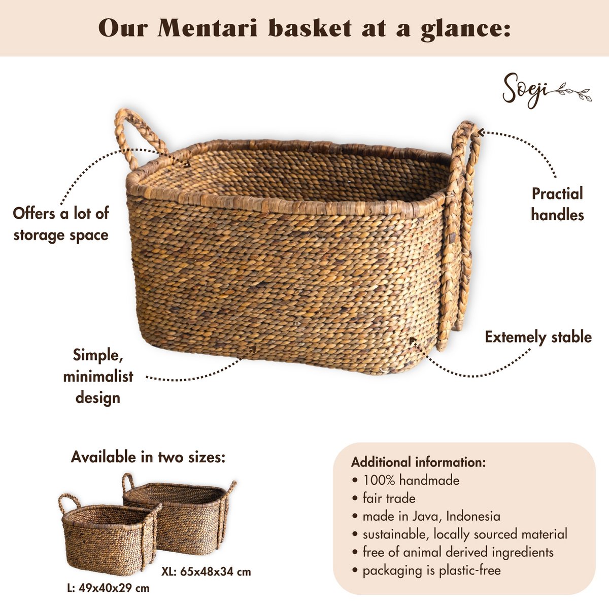 Gewebter quadratischer Wäschekorb 49×40 cm – beige & braun, 29 cm hoch