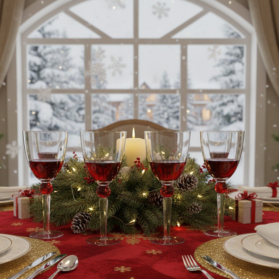 Glass wine glasses with red diamond foot, set of 4