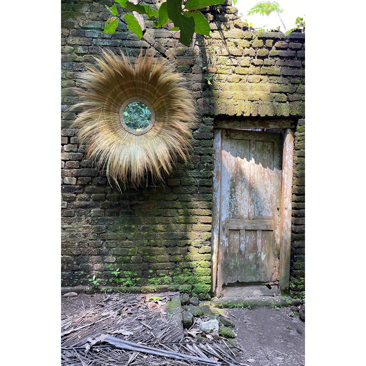 Glasspejl, græsramme, rundt, 90 cm - natur