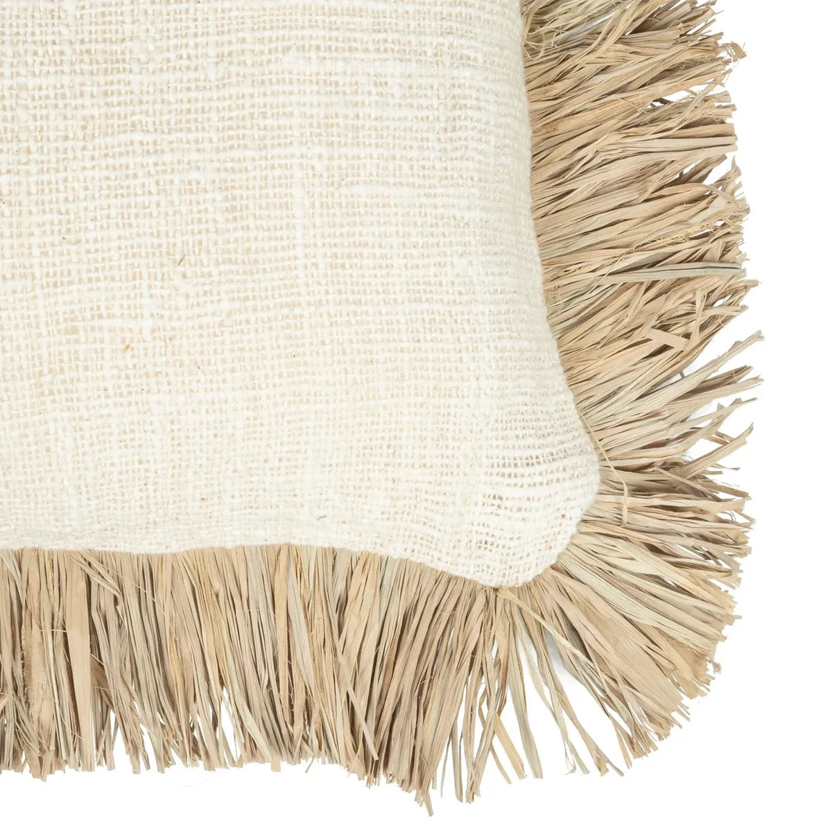 Cotton cushion cover with raffia fringe, 40×40 cm - Natural white