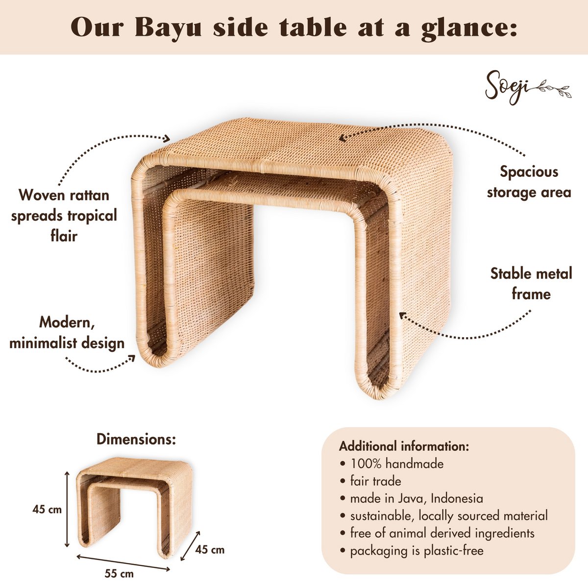 Rattan og metal sidebord 55×45×45 cm – Bayu