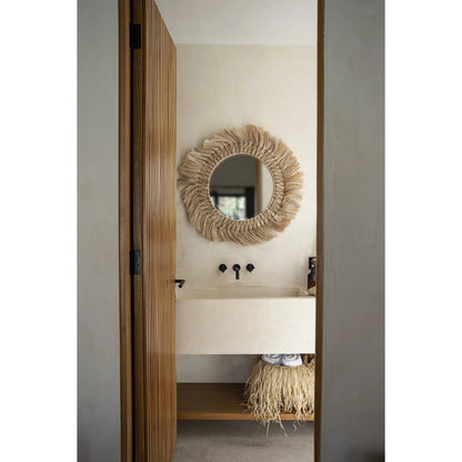 Rundt vægspejl i rattan, 90 cm - Naturlys