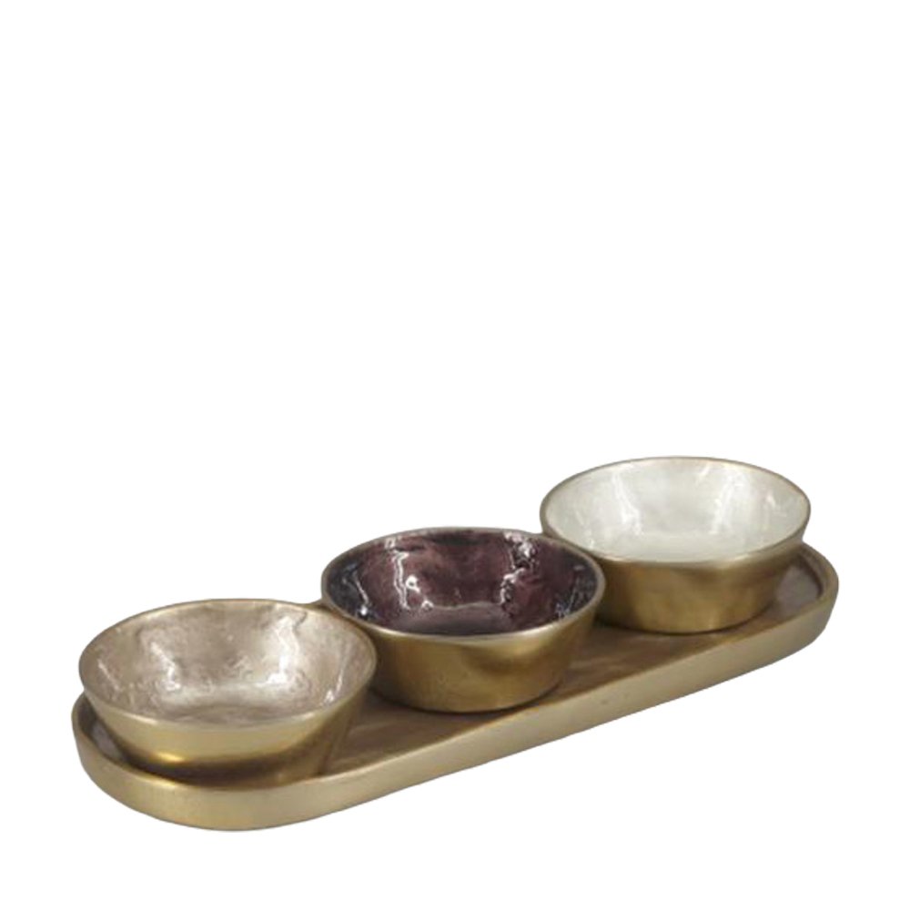 Aluminium-Aperitif-Set, 3 Becher auf ovalem Tablett